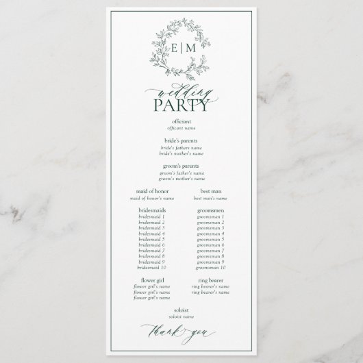 Programme Mariage de monogramme vert émeraude moderne (Dos)