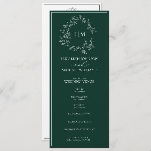 Programme Mariage de monogramme vert émeraude moderne (Devant / Derrière)