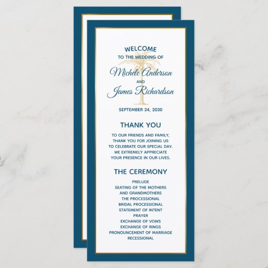 Programme Mariage de plage Tropical Ocean Blue Gold Palm Tre (Devant / Derrière)