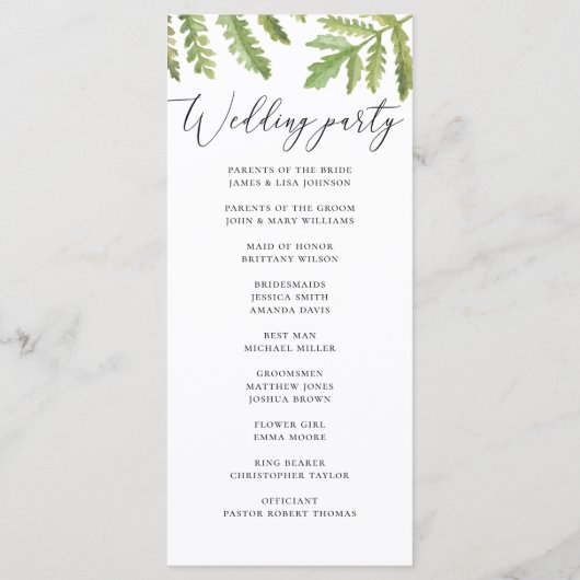 Programme Mariage de script de verdure de forêt à l'aquarell (Dos)