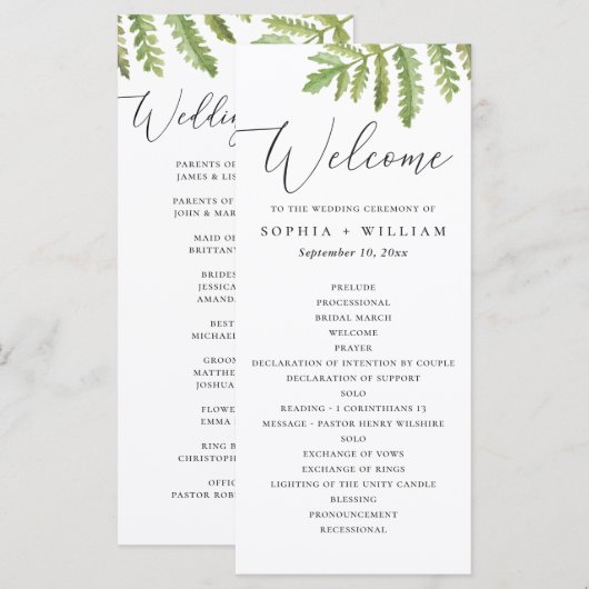 Programme Mariage de script de verdure de forêt à l'aquarell (Devant / Derrière)