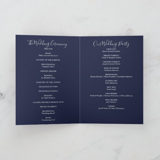 Programme Mariage de script élégant bleu marine (Intérieur)