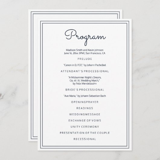 Programme Mariage de script simple minimaliste (Devant / Derrière)