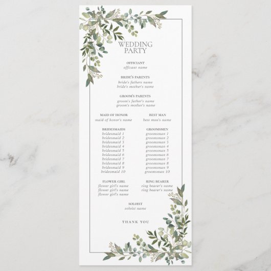 Programme Mariage de script vert Eucalyptus Botanical Sage (Dos)