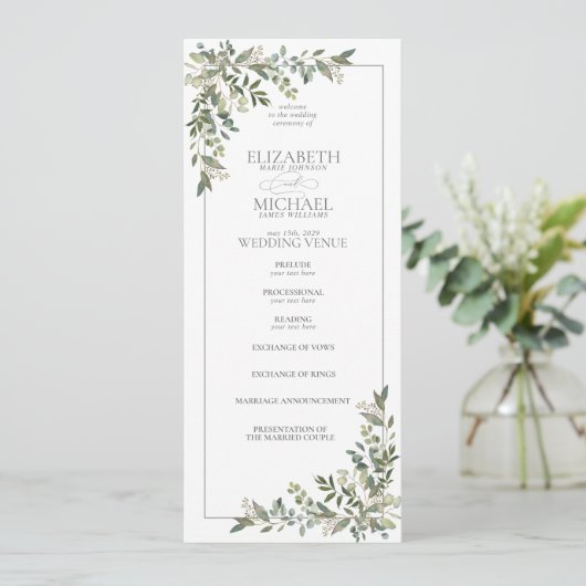 Programme Mariage de script vert Eucalyptus Botanical Sage (Debout devant)