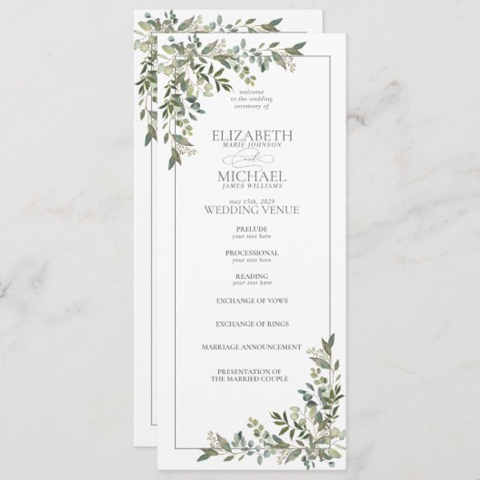 Programme Mariage de script vert Eucalyptus Botanical Sage (Devant / Derrière)