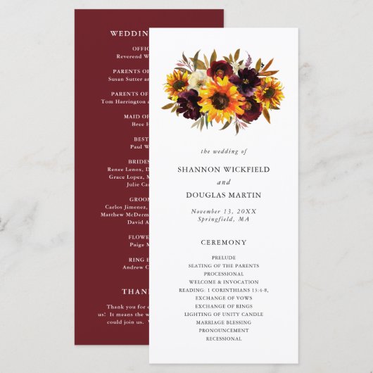 Programme Mariage de tournesol floral de automne rustique (Devant / Derrière)
