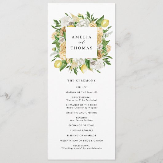 Programme Mariage d'été aux citrons et fleurs à l'aquarelle (Devant)