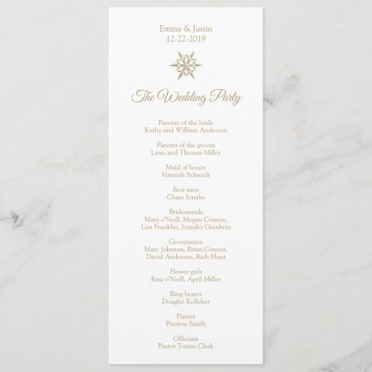 Programme Mariage d'hiver simple Gold Snowflake Noël (Devant)