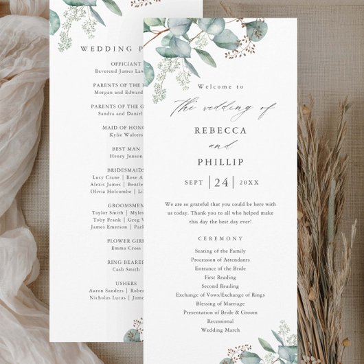 Programme Mariage élégant à l'aquarelle d'eucalyptus et de v
