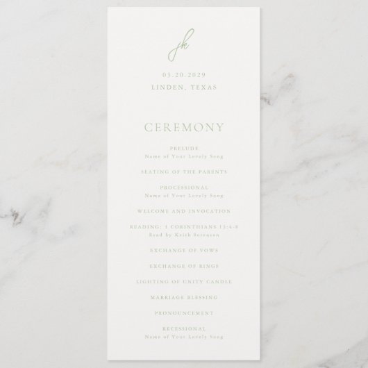 Programme Mariage élégant à monogramme en écriture vert saug (Devant)