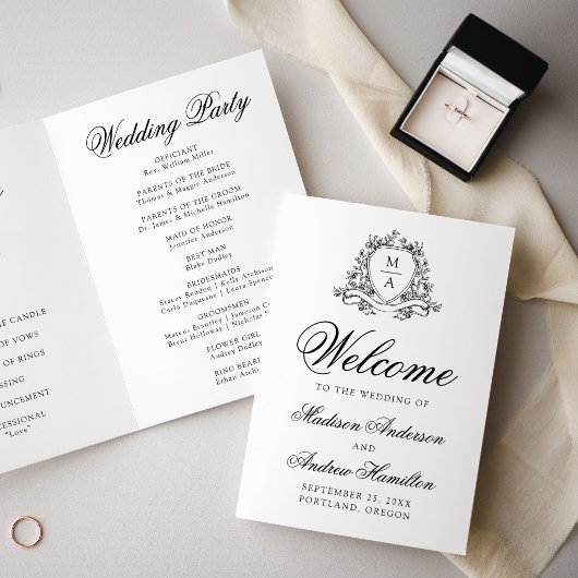 Programme Mariage élégant à monogramme floral noir