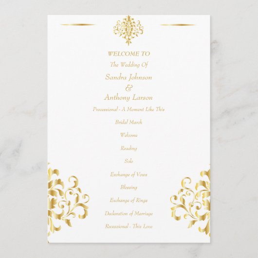 Programme Mariage élégant à motifs damassé or et blanc (Devant)