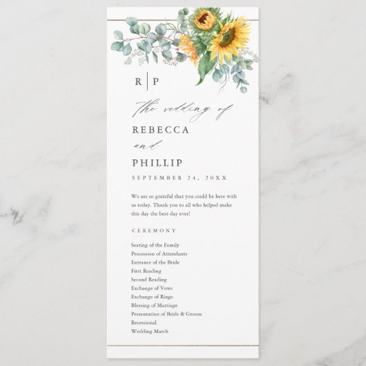 Programme Mariage élégant au tournesol et à l'eucalyptus (Devant)