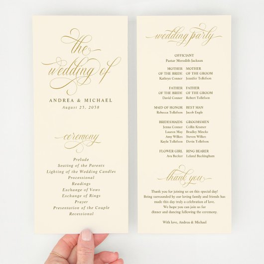 Programme Mariage Élégant avec Calligraphie Or et Crème