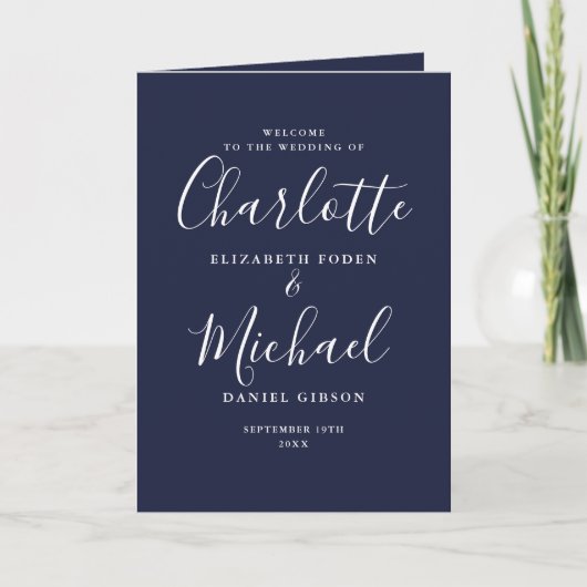 Programme Mariage élégant bleu marine Signature Script (Devant)