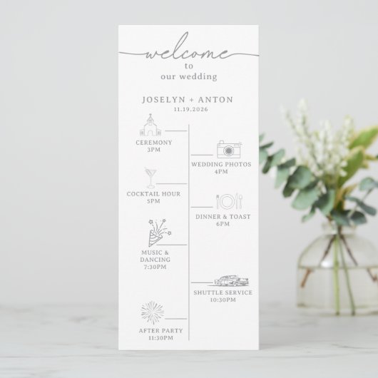 Programme Mariage Élégant Calligraphie Chic Gris Chronologie (Debout devant)