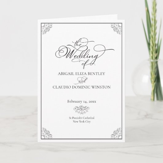 Programme Mariage Élégant Classique Calligraphie Noir & Blan (Devant)