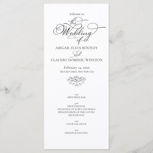 Programme Mariage Élégant Classique Calligraphie Noir & Blan (Devant)