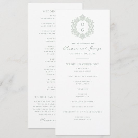 Programme Mariage Élégant de Style Hérité Vert Sauge (Devant / Derrière)
