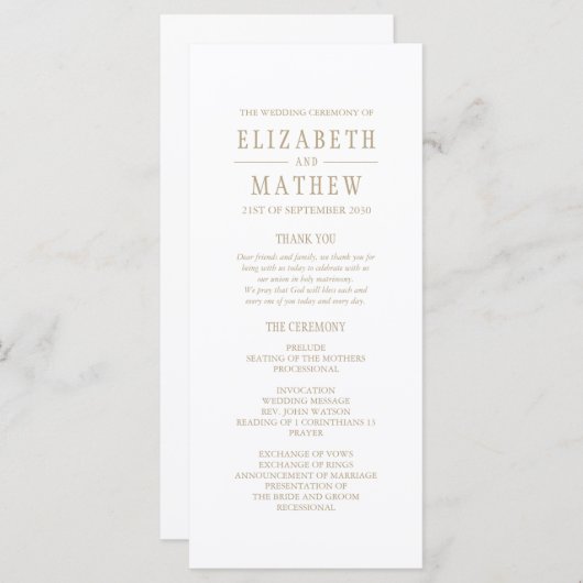 Programme Mariage élégant en or blanc simple (Devant / Derrière)