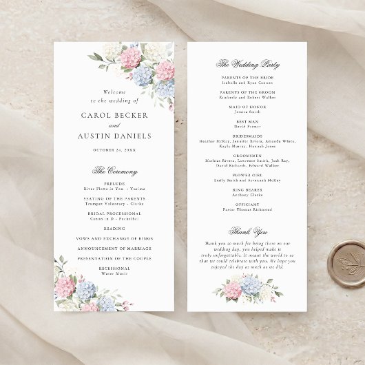 Programme Mariage Élégant Fleurs Roses et Bleues Hydrangea
