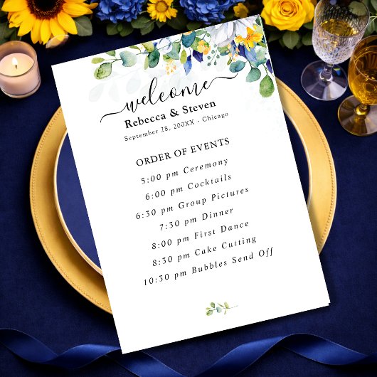 Programme Mariage élégant floral aquarelle jaune et bleu