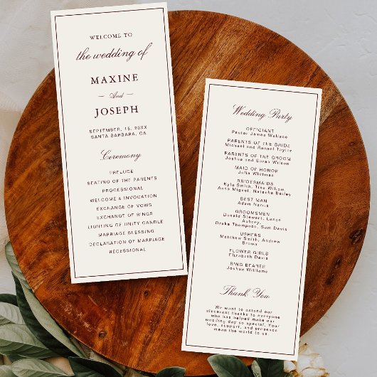 Programme Mariage élégant Formel Ivoire & Bourgogne