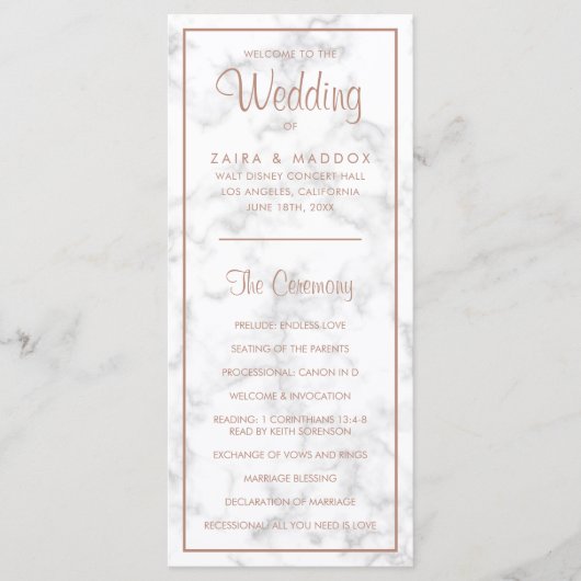 Programme Mariage Élégant Moderne en Rose Gold et Marbre (Devant)