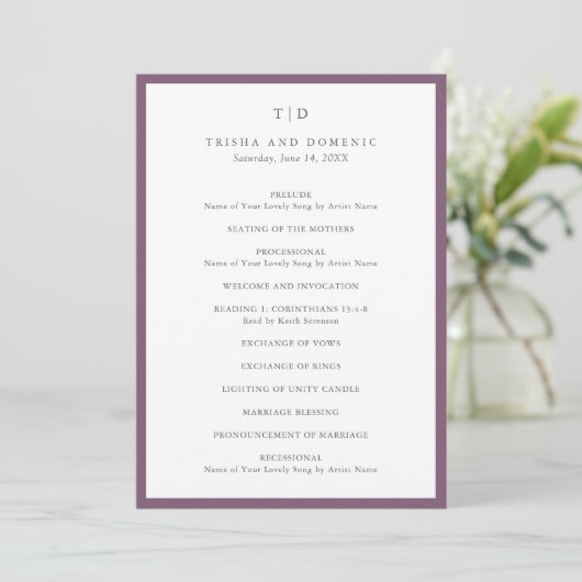 Programme Mariage élégant moderne monogramme violet (Debout devant)
