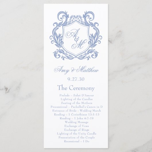Programme Mariage Élégant Monogramme Bleu Poussiéreux Blason (Devant)