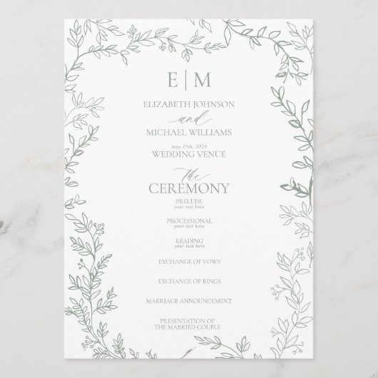 Programme Mariage Élégant Monogramme Sage Feuille (Devant)