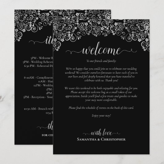 Programme Mariage Élégant Noir & Argent : Message de Bienven (Devant / Derrière)