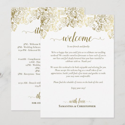 Programme Mariage élégant or et blanc : Message de bienvenue (Devant / Derrière)