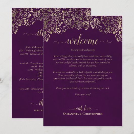 Programme Mariage Élégant Plum & Or : Accueil et Itinéraire (Devant / Derrière)