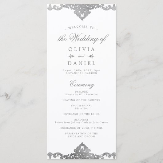 Programme Mariage élégant romantique orné d'argent (Devant)