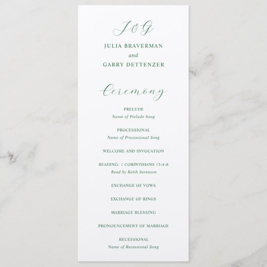 Programme Mariage élégant traditionnel vert émeraude (Devant)