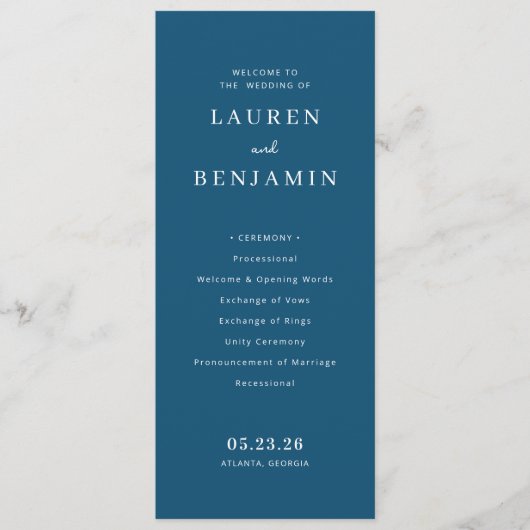 Programme Mariage Élégant Typographique Bleu Marine (Devant)