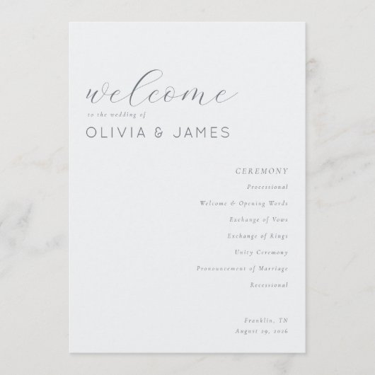 Programme Mariage Élégant Typographique Gris (Devant)