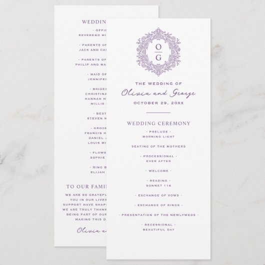 Programme Mariage Élégant Violet Héritage (Devant / Derrière)