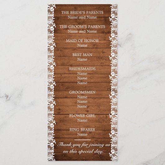 Programme Mariage en bois rustique et dentelle blanche (Dos)