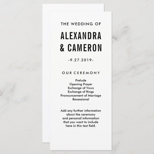 Programme Mariage en gras | Black Modern Text sur le program (Devant / Derrière)