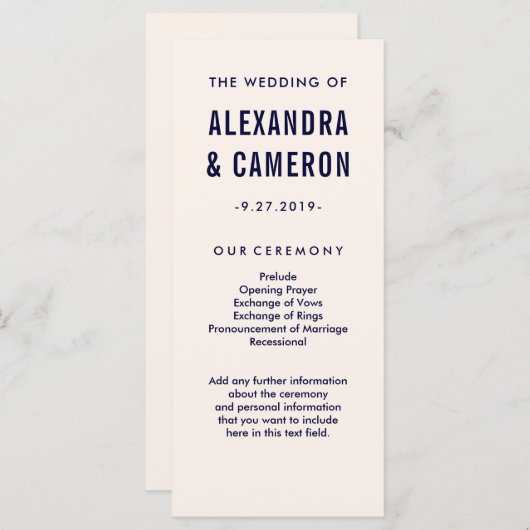 Programme Mariage en gras | Blush Pink et Navy Text Program (Devant / Derrière)