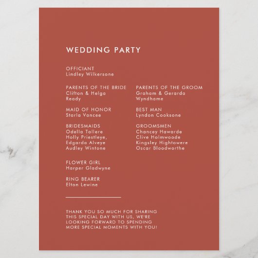 Programme Mariage en terre cuite élégant et moderne (Dos)