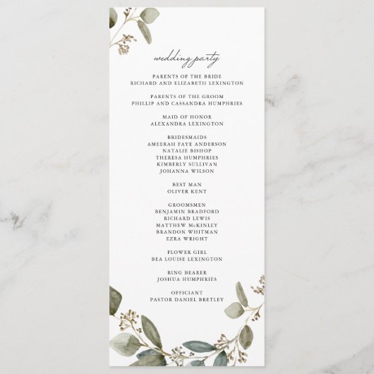 Programme Mariage Eucalyptus à l'aquarelle rustique (Dos)