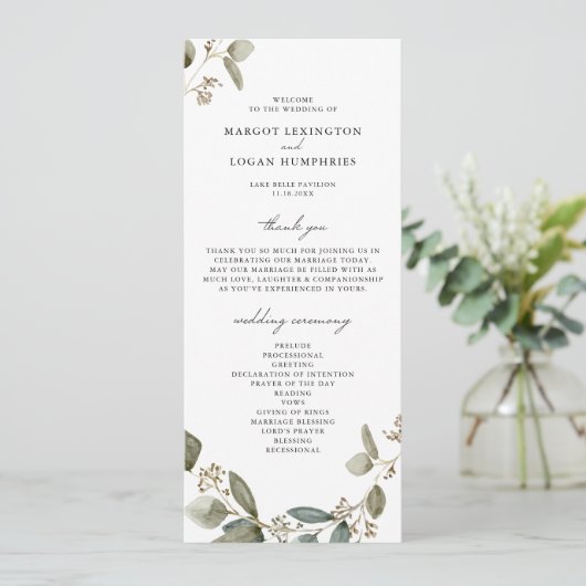 Programme Mariage Eucalyptus à l'aquarelle rustique (Debout devant)