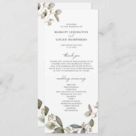 Programme Mariage Eucalyptus à l'aquarelle rustique (Devant / Derrière)