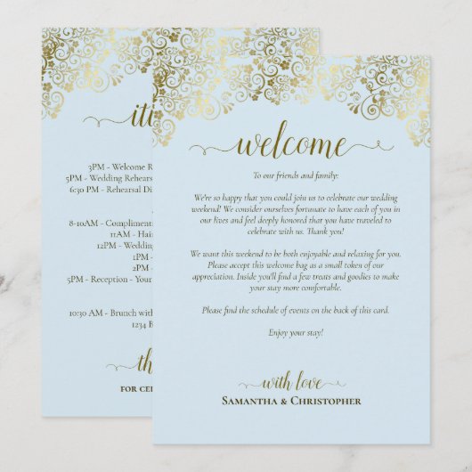 Programme Mariage Fantaisie Bleu Pâle & Or Bienvenue & Itiné (Devant / Derrière)