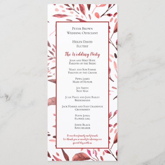 Programme Mariage Feuille Sangria Red Watercolor (Dos)