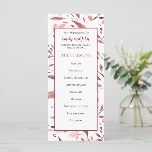 Programme Mariage Feuille Sangria Red Watercolor (Debout devant)